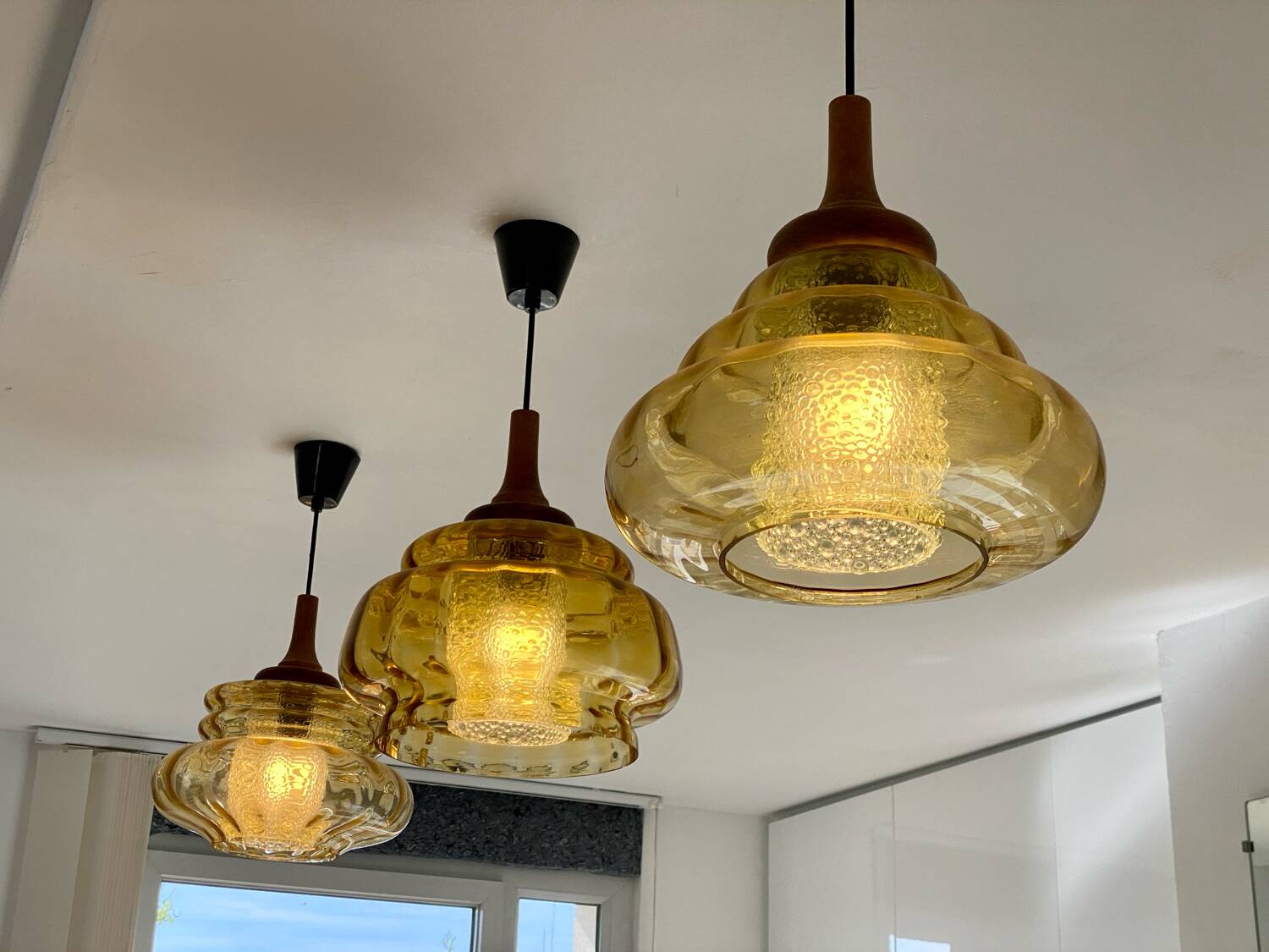 Trio of 3 glass chandelier suspensions GDR 1970 Veb Narva