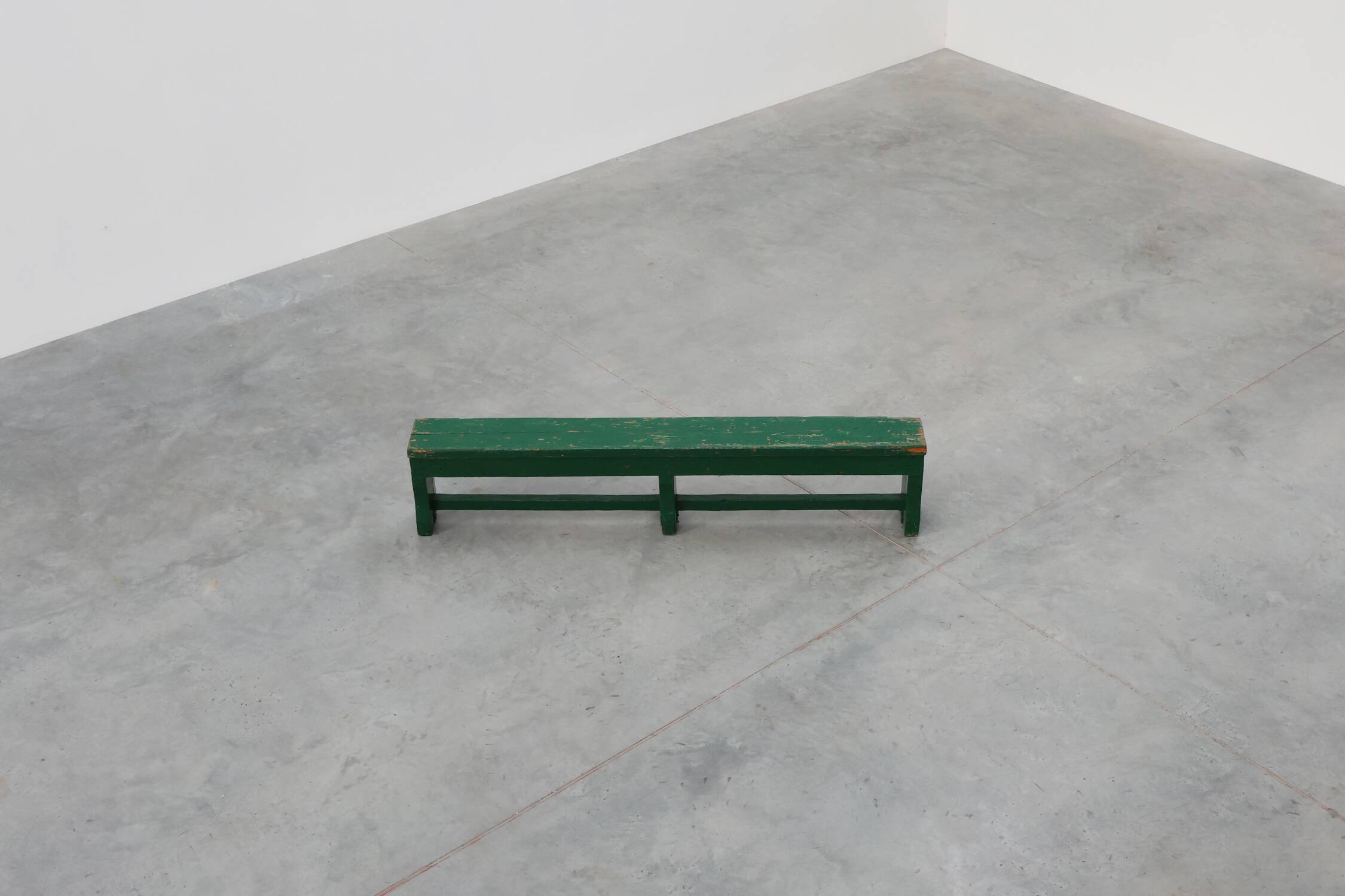 Rustic primitive green farmhouse bench in solid oak, France ca. 1900