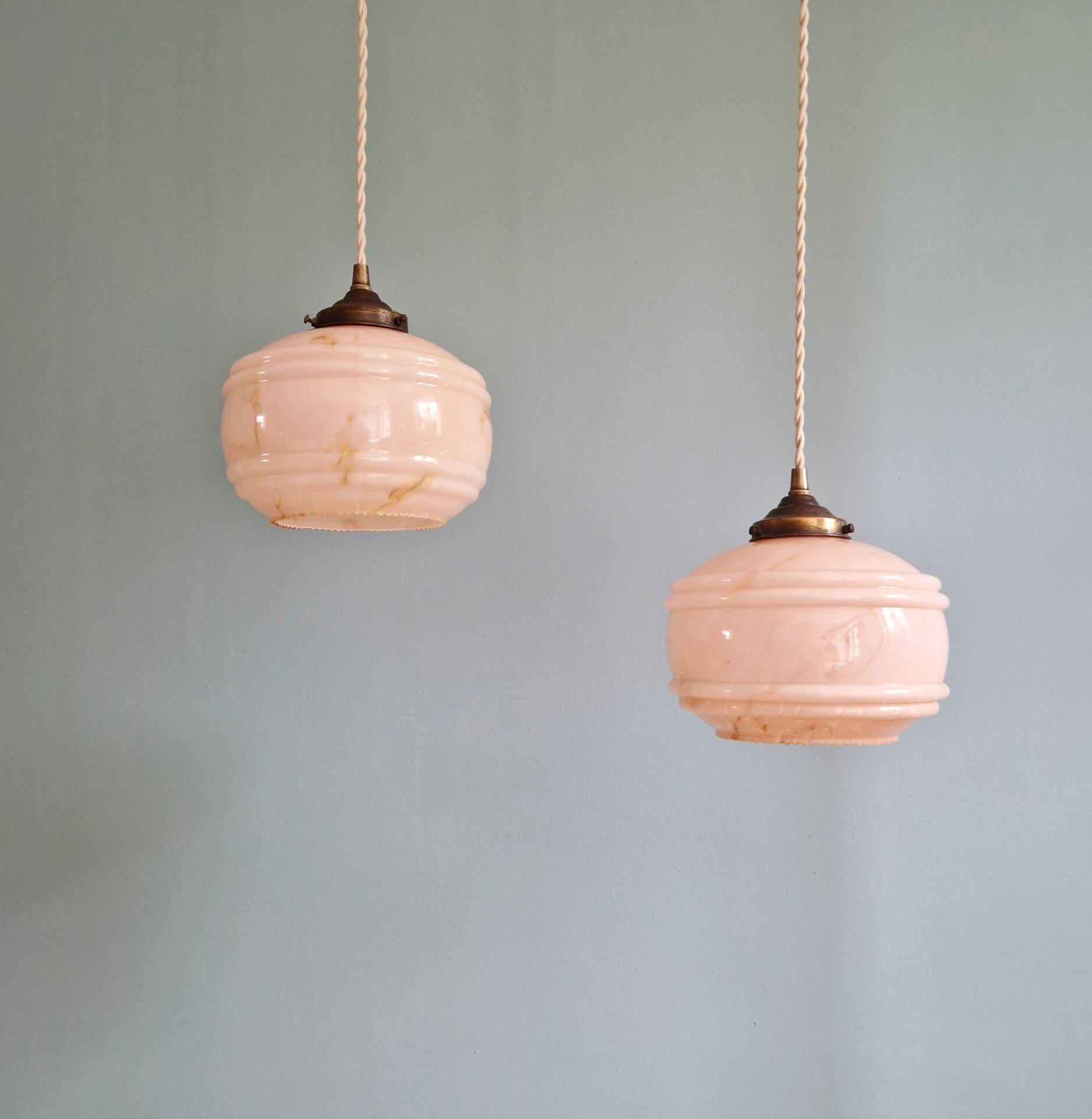 Pair of Art Deco pendant lights in pink marbled opaline, 1920s-30s