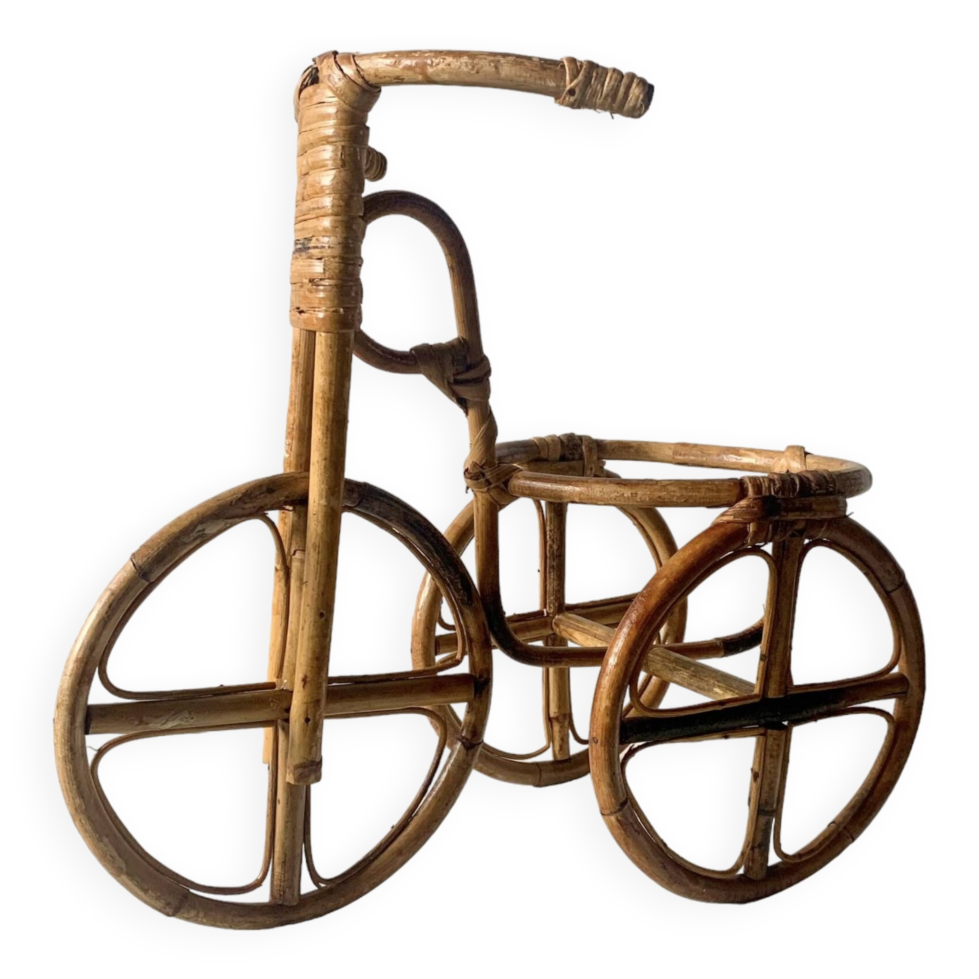 Vintage plant holder tricycle in bamboo and rattan