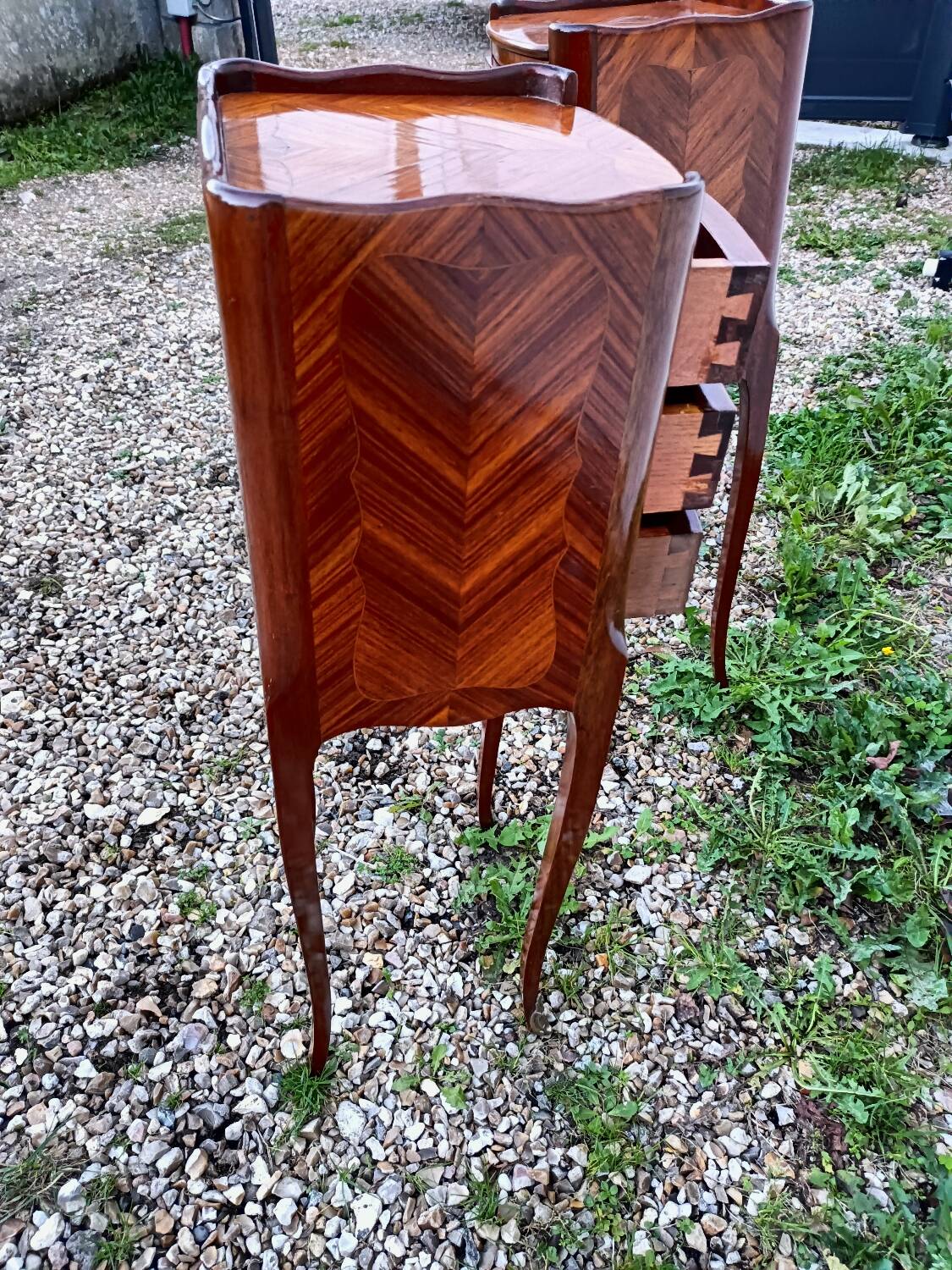 Pair of bedside tables in old Louis XV style marquetry
