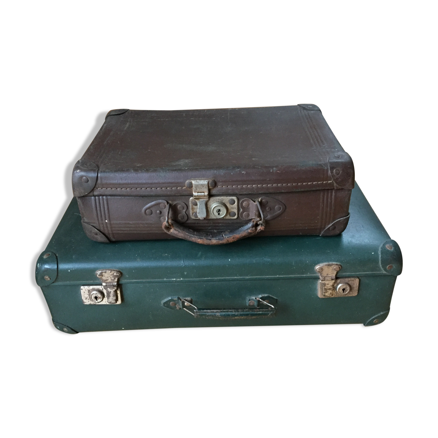 Lot of two suitcases made of vintage green cardboard and chocolate