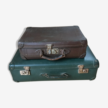 Lot of two suitcases made of vintage green cardboard and chocolate