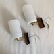 Pair of brass and wood wall lights with white molded glass tulips, 1950s