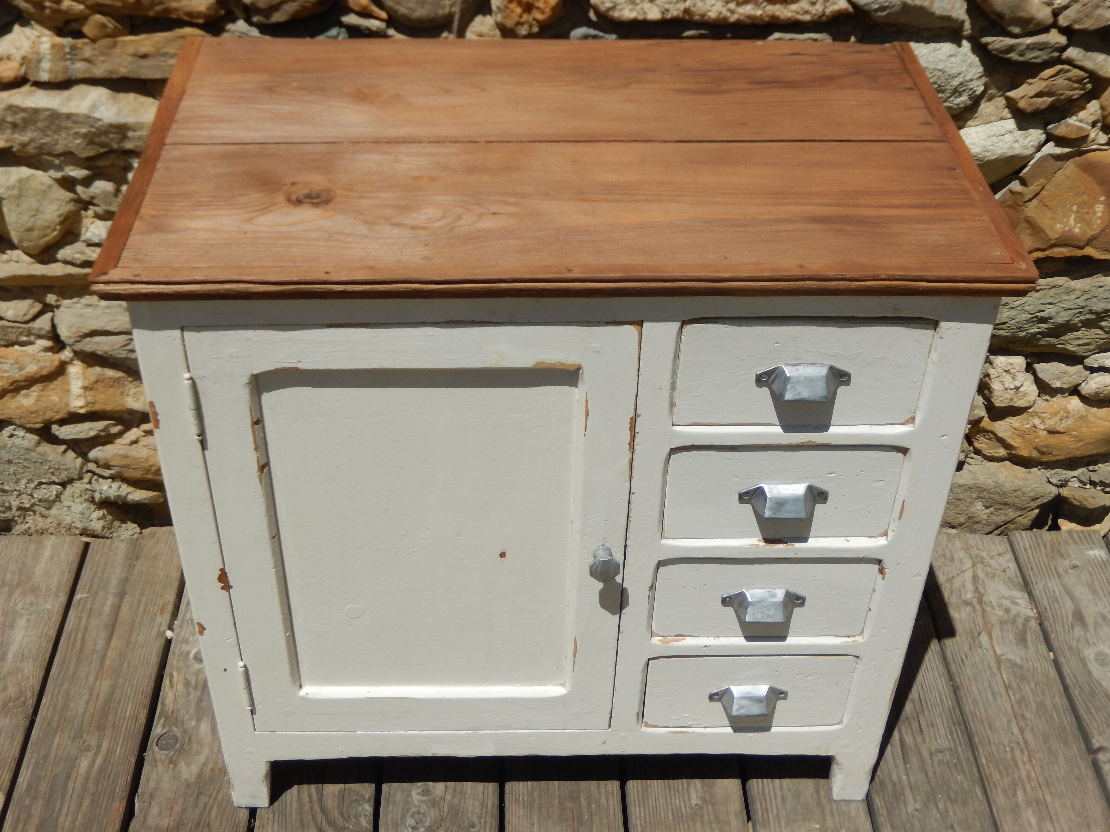 Antique sideboard / charming solid pine workshop furniture with a patina.
