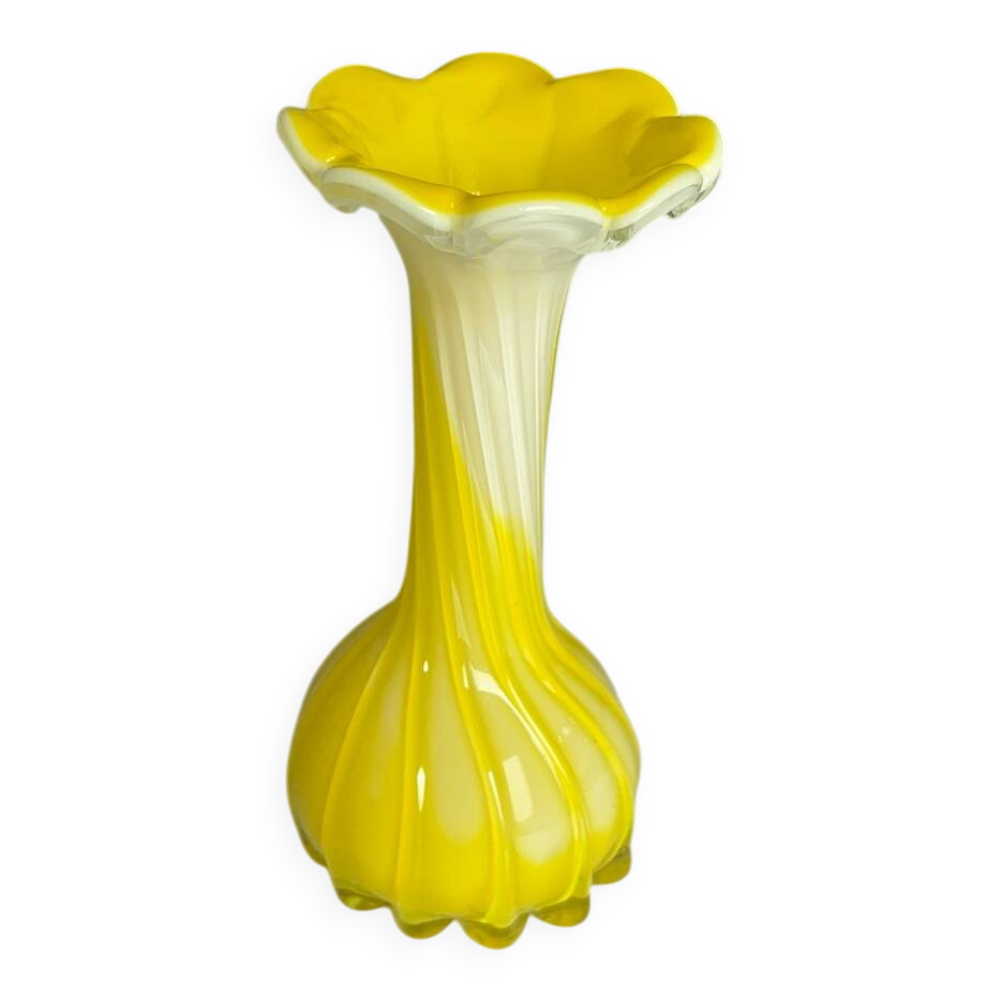 Yellow flower-shaped vase, vintage opaline glass, home decor, spring.