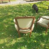 Pair of Rocaille style armchairs in green fabric and walnut, 19th century