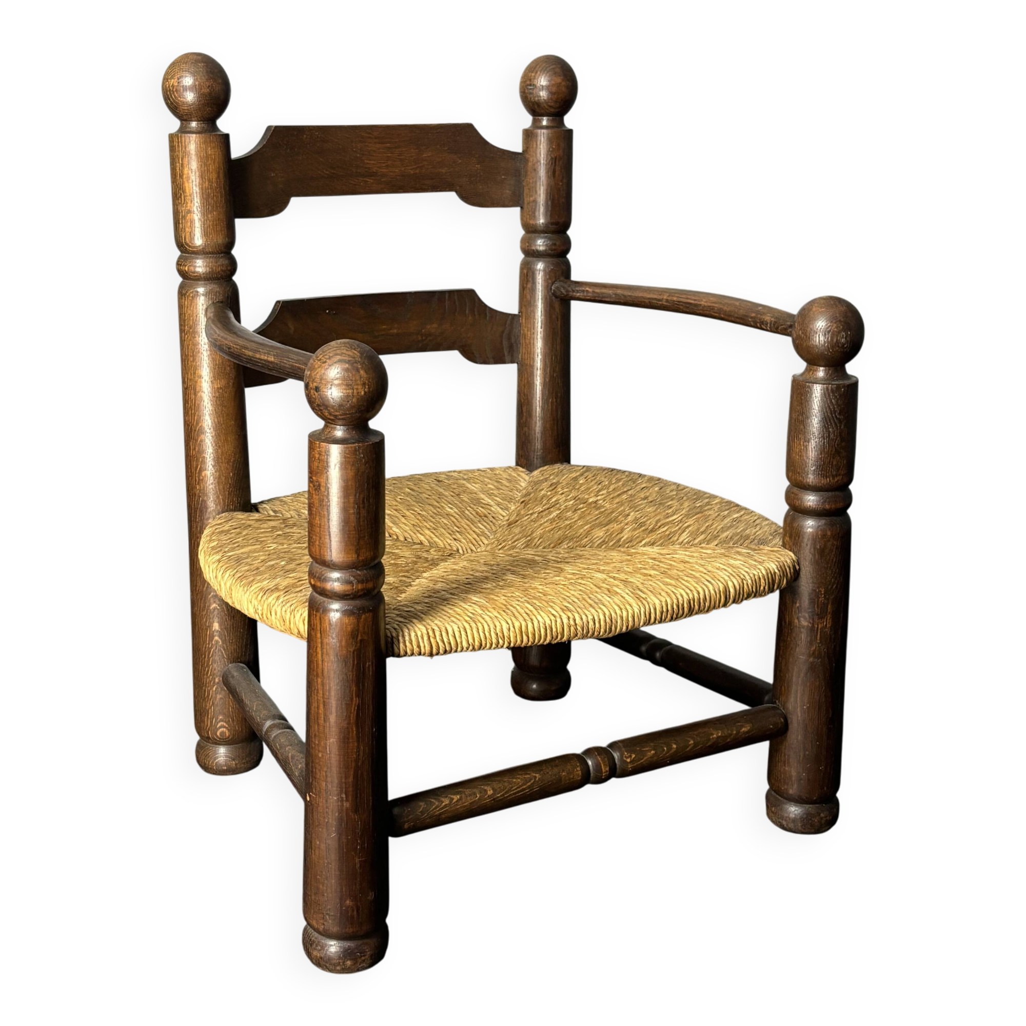Brutalist French low rush oak side armchair by Charles Dudouyt ca 1940s