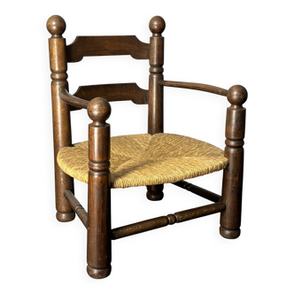 Brutalist French low rush oak side armchair by Charles Dudouyt ca 1940s