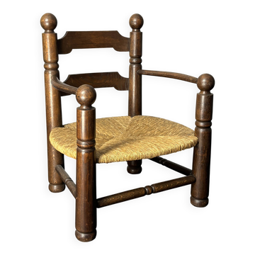 Brutalist French low rush oak side armchair by Charles Dudouyt ca 1940s