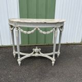 Louis XVI style half-moon console table with carved and painted wood and marble top
