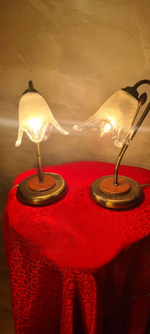 lampe de chevet laiton bois et verre 1970 a 80 ,trace d usage normal, photo