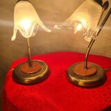 bedside lamp brass wood and glass 1970 to 80, traces of normal use, photo