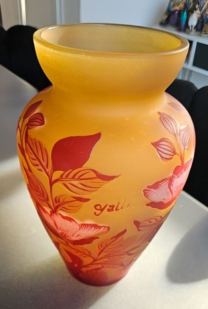 Art Nouveau vase by Émile Gallé - Cameo glass with yellow and pink floral design.