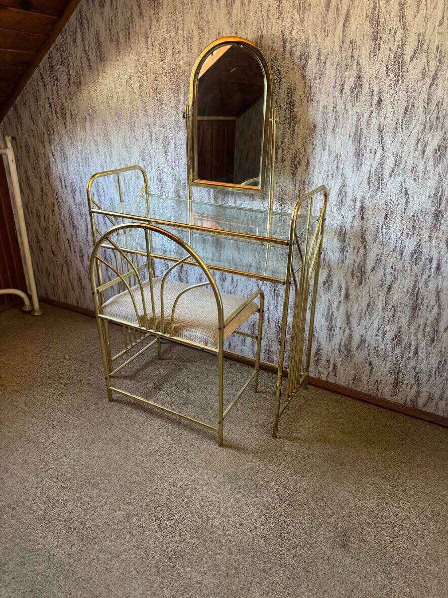 Vintage brass dressing table with mirror and matching stool, 1950s.