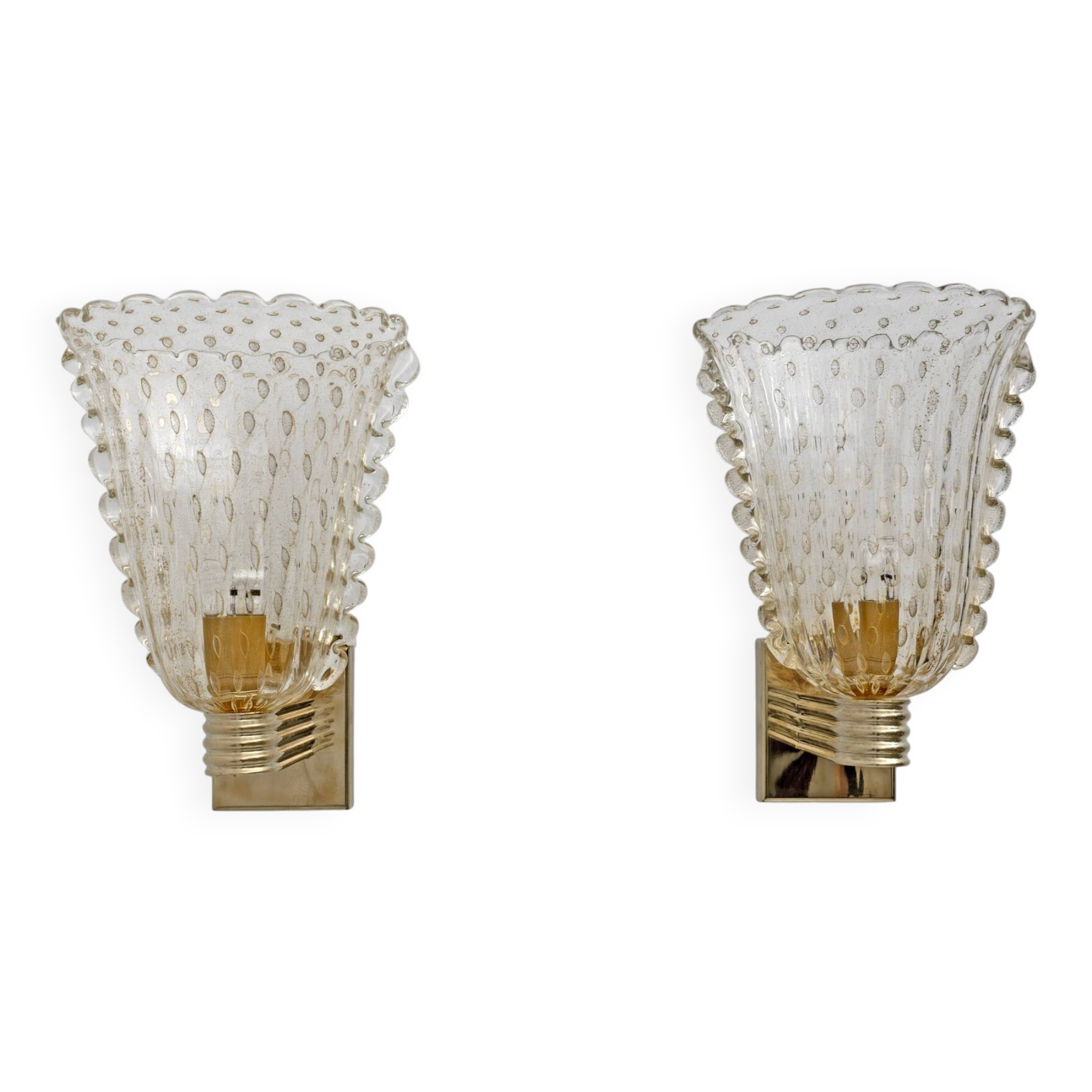 Attributed to Barovier & Toso Brass and Pulegoso Murano Glass Sconces, Pair