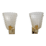 Attributed to Barovier & Toso Brass and Pulegoso Murano Glass Sconces, Pair