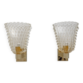 Attributed to Barovier & Toso Brass and Pulegoso Murano Glass Sconces, Pair