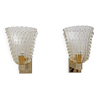 Attributed to Barovier & Toso Brass and Pulegoso Murano Glass Sconces, Pair