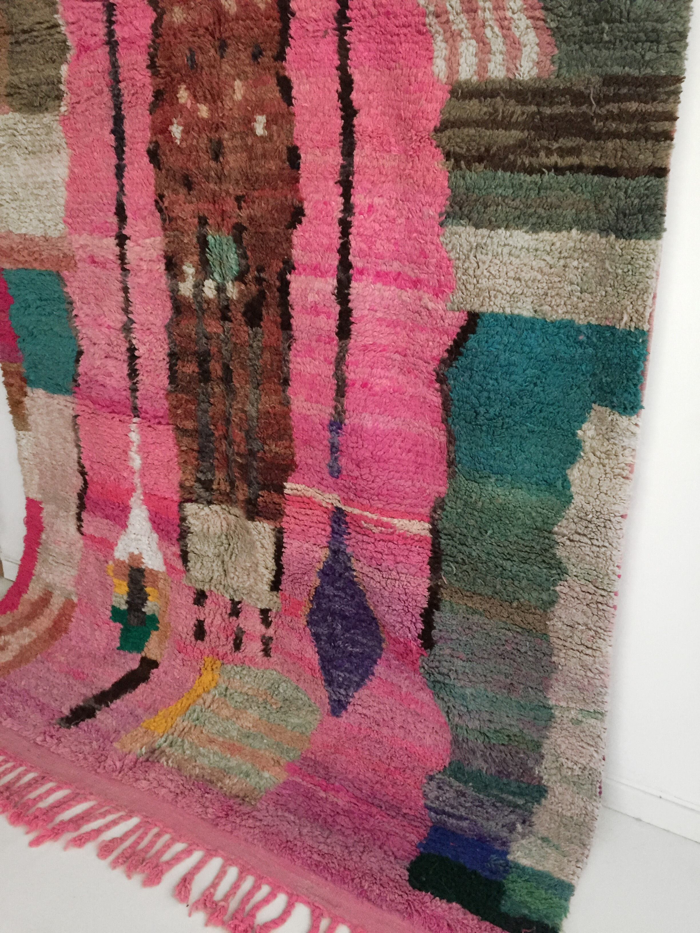 Moroccan Berber carpet Boujaad pink with colorful patterns 304x201cm