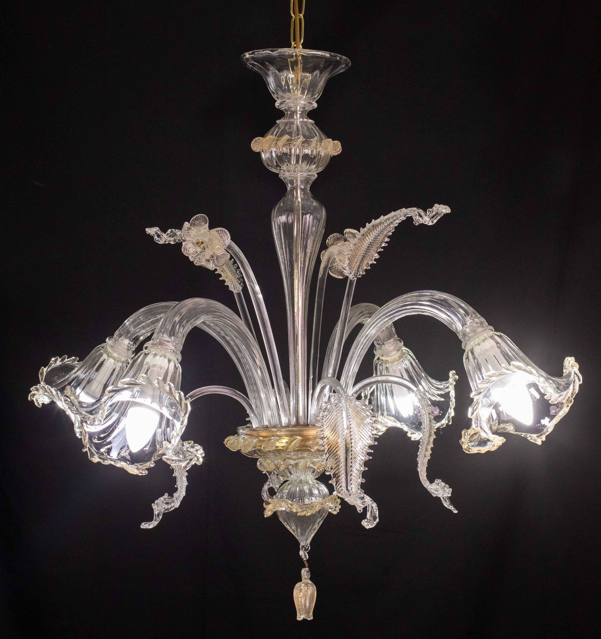 Charming vintage Venetian chandelier, transparent and gold Murano glass, 1970s