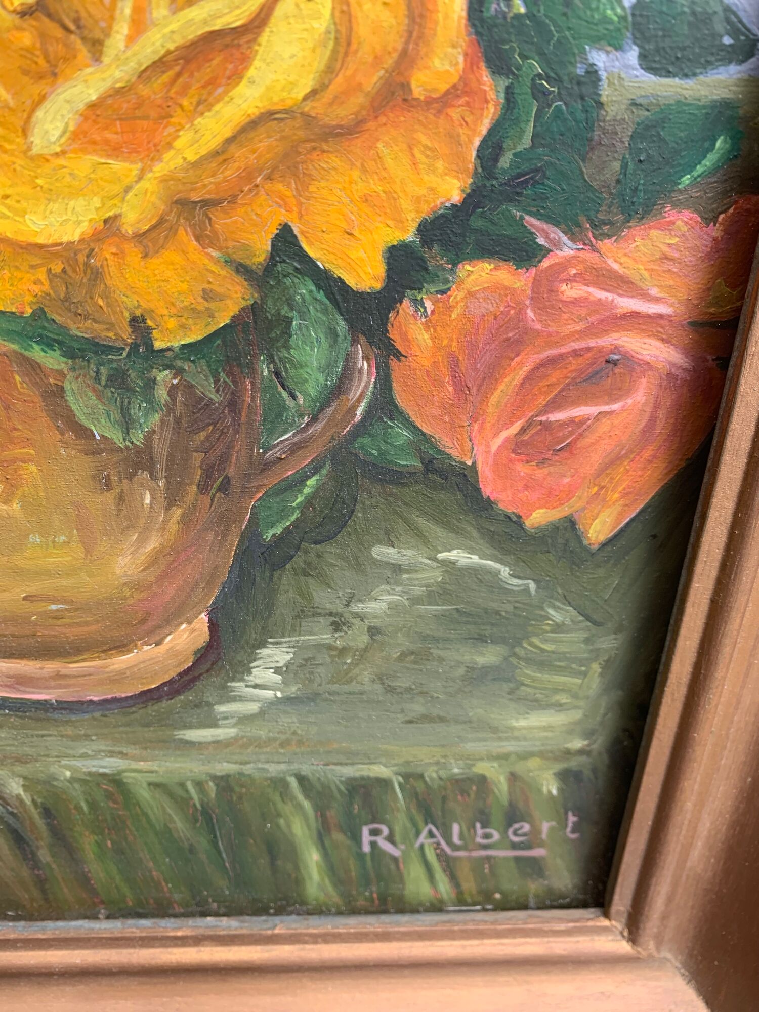 Painting on framed wood panel the bouquet of roses signed and vintage