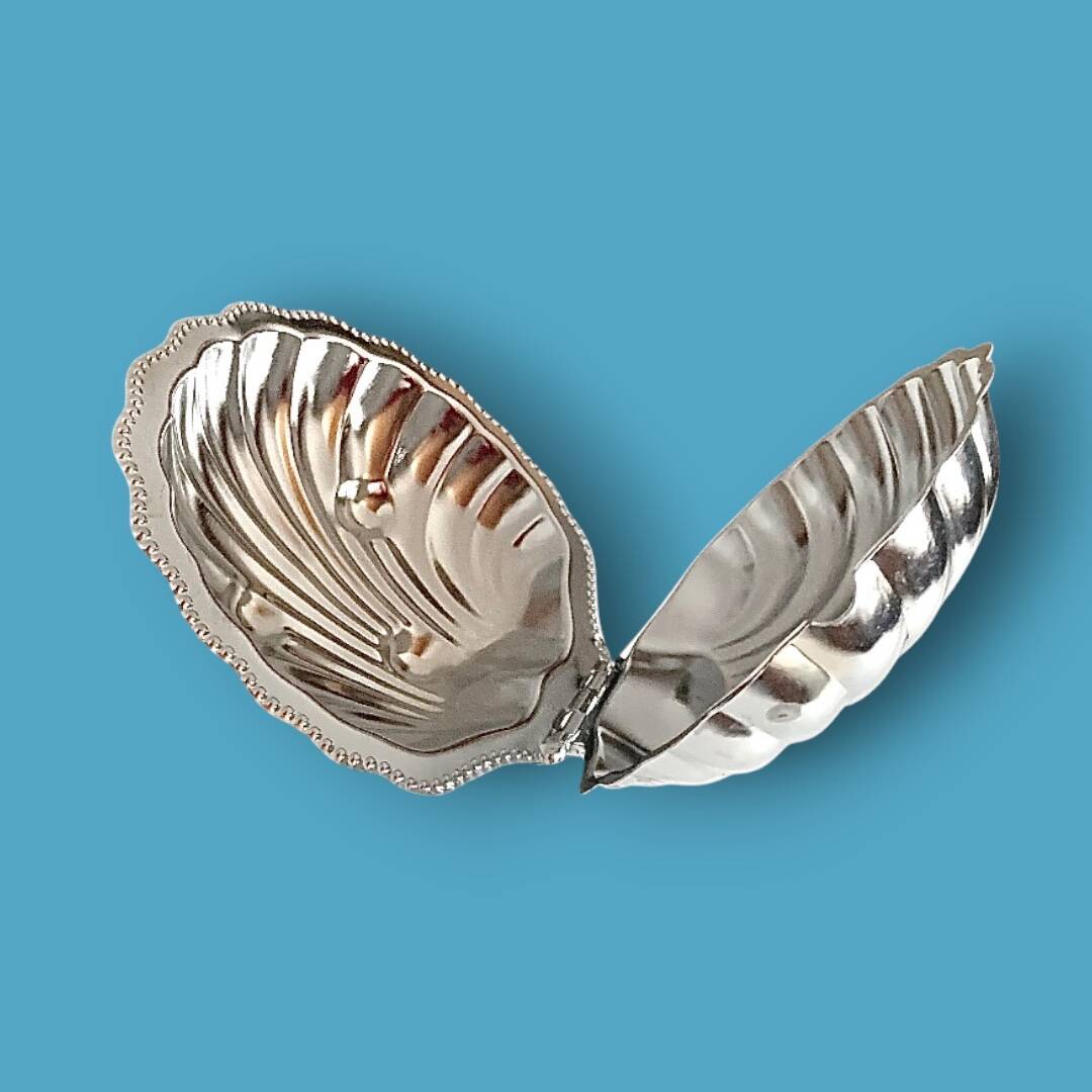 Vintage stainless steel and glass shell butter dish with knife - in its box