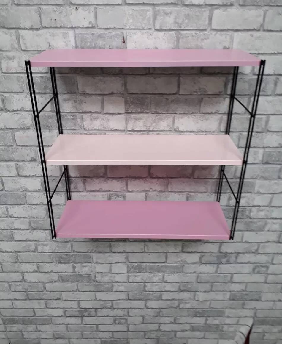 Pink metal string shelf, 2 tones, black uprights. 47x49x16 t1960 70.