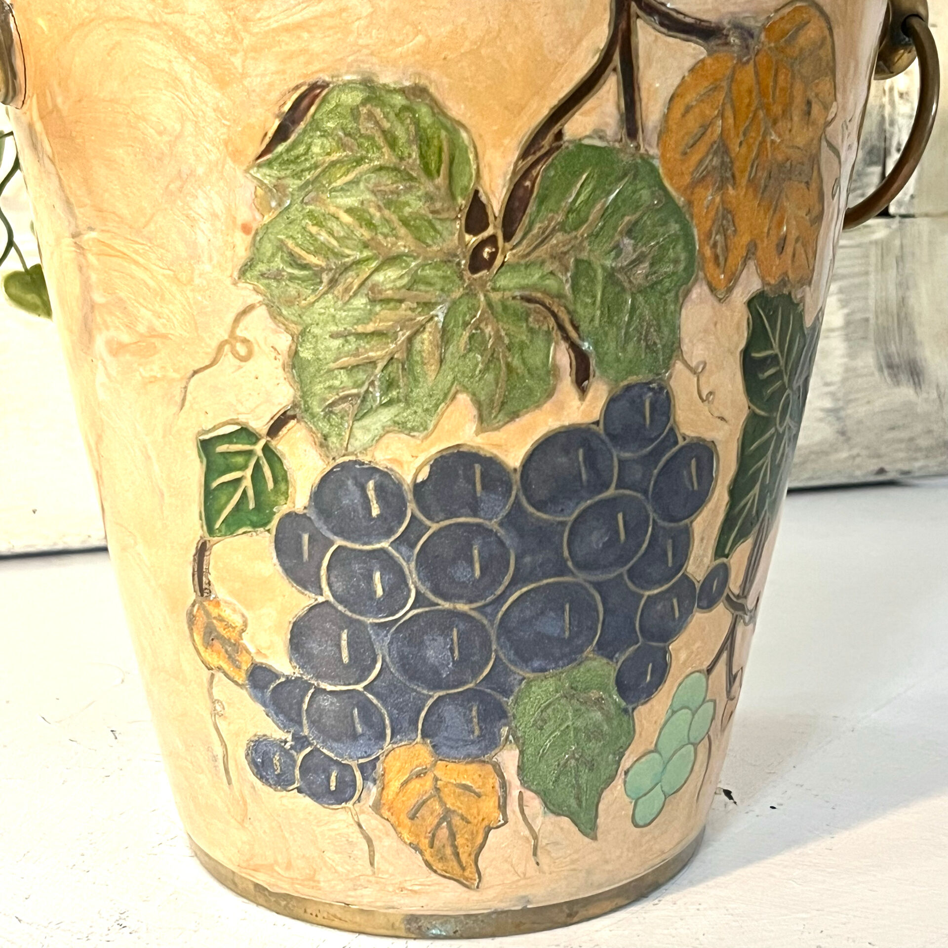 French vintage cloisonne champagne bucket with grape and vine design