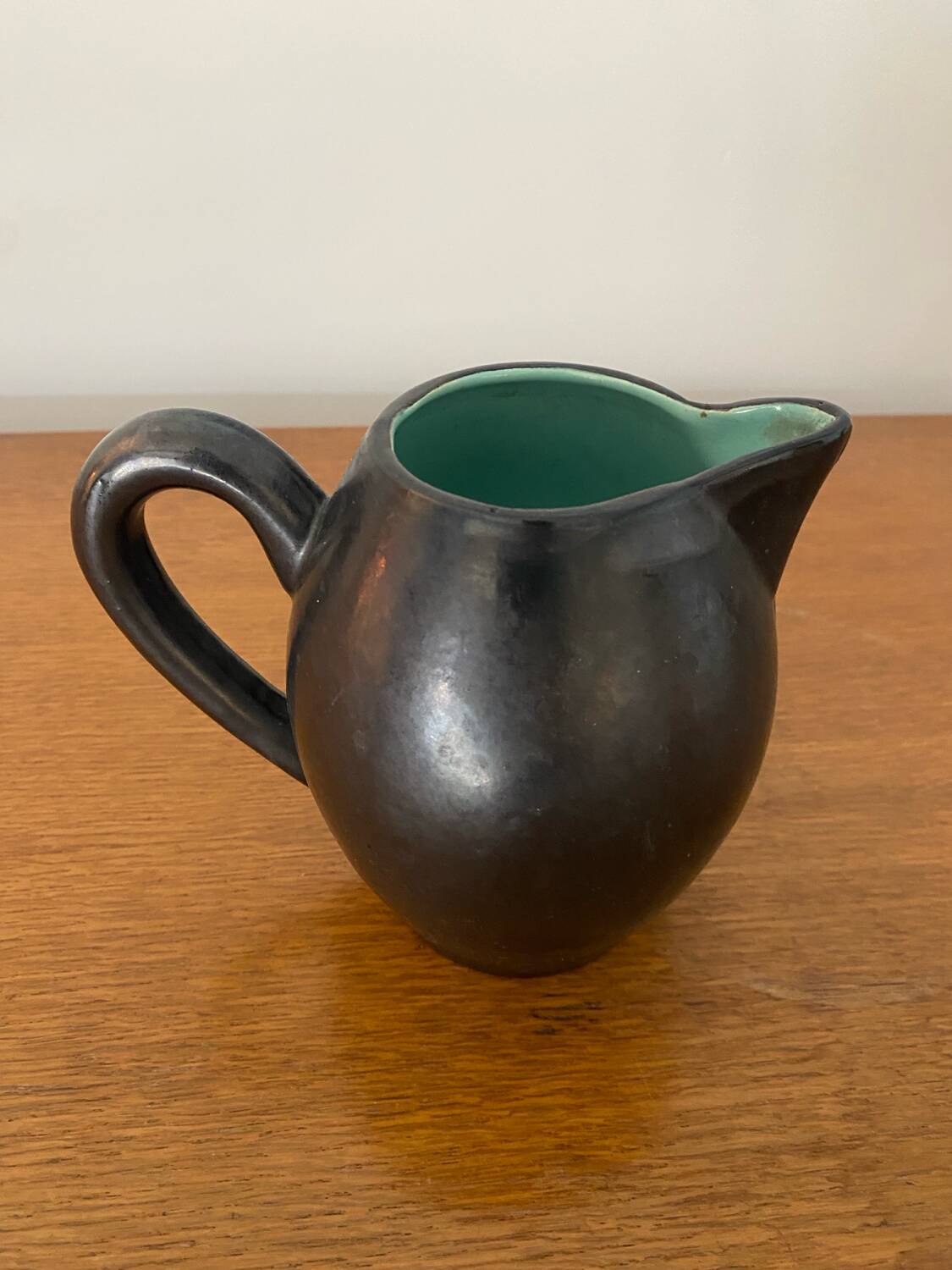 Old ST CLEMENT Ceramic Pitcher Black Green Interior 50's Vintage #B921