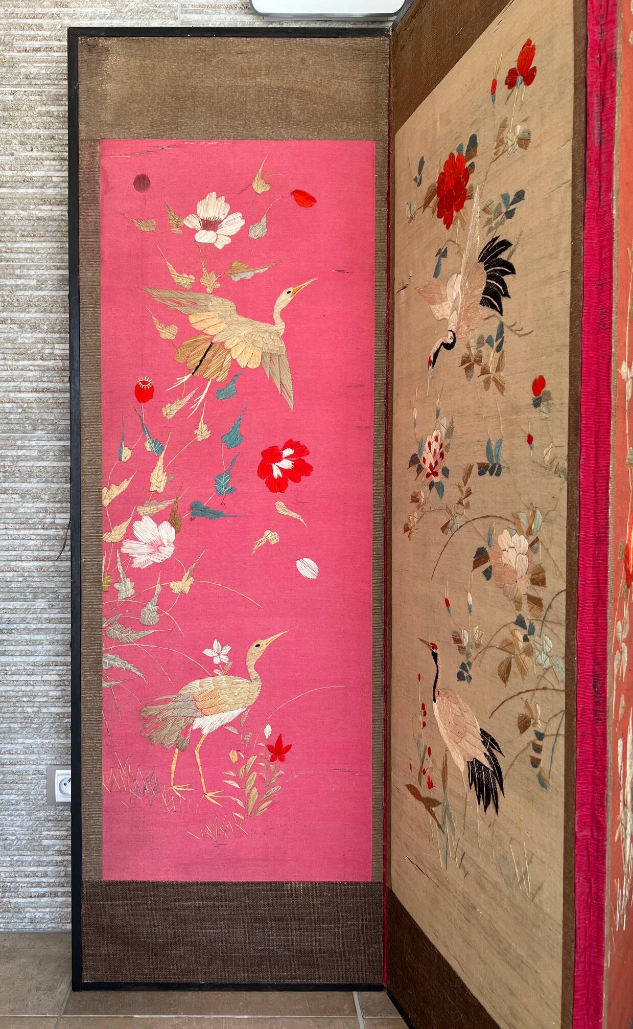 4-panel Japanese screen, 19th century, bird silk embroidery