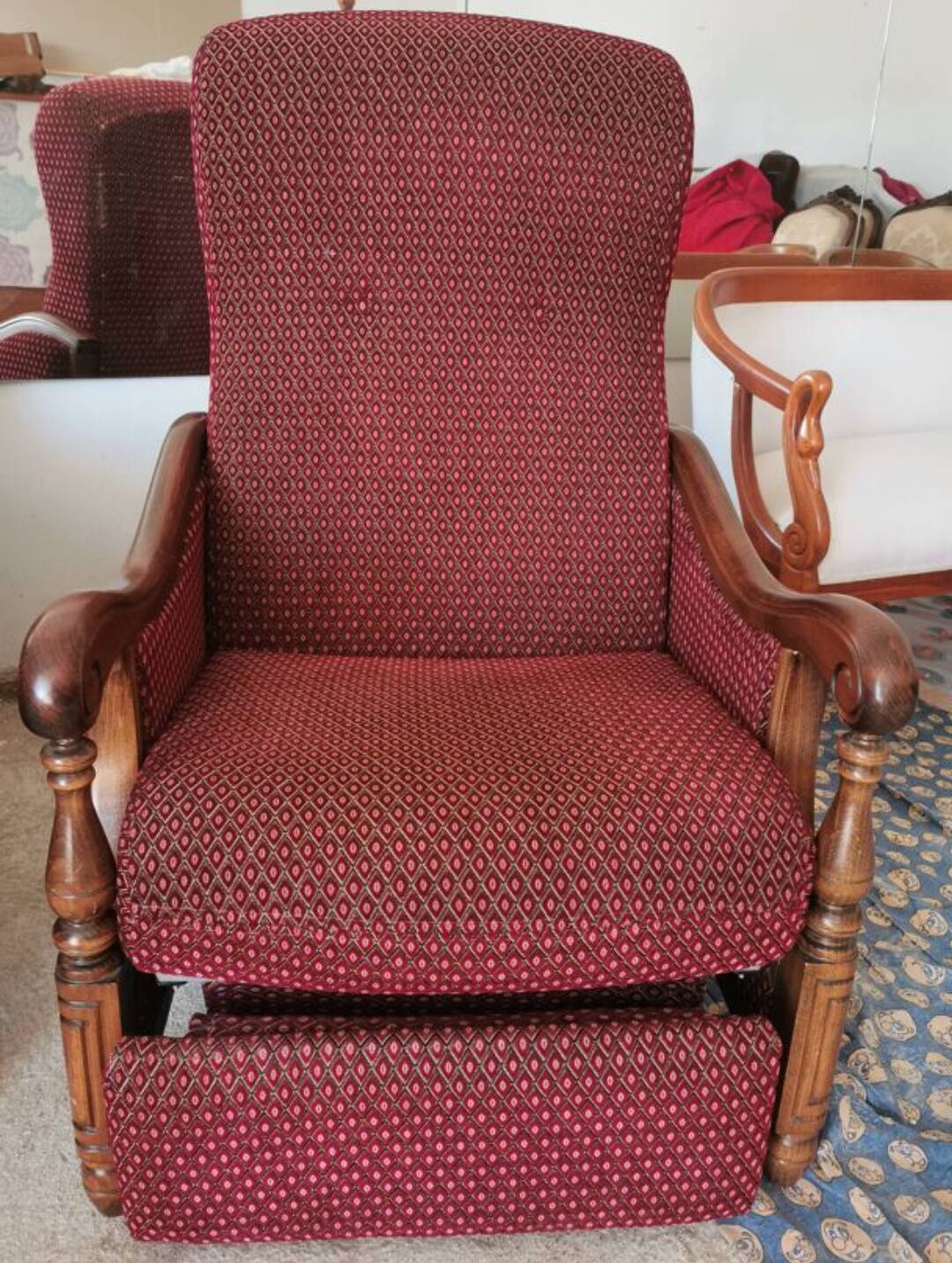 Louis XV style velvet and cherry wood reclining armchair