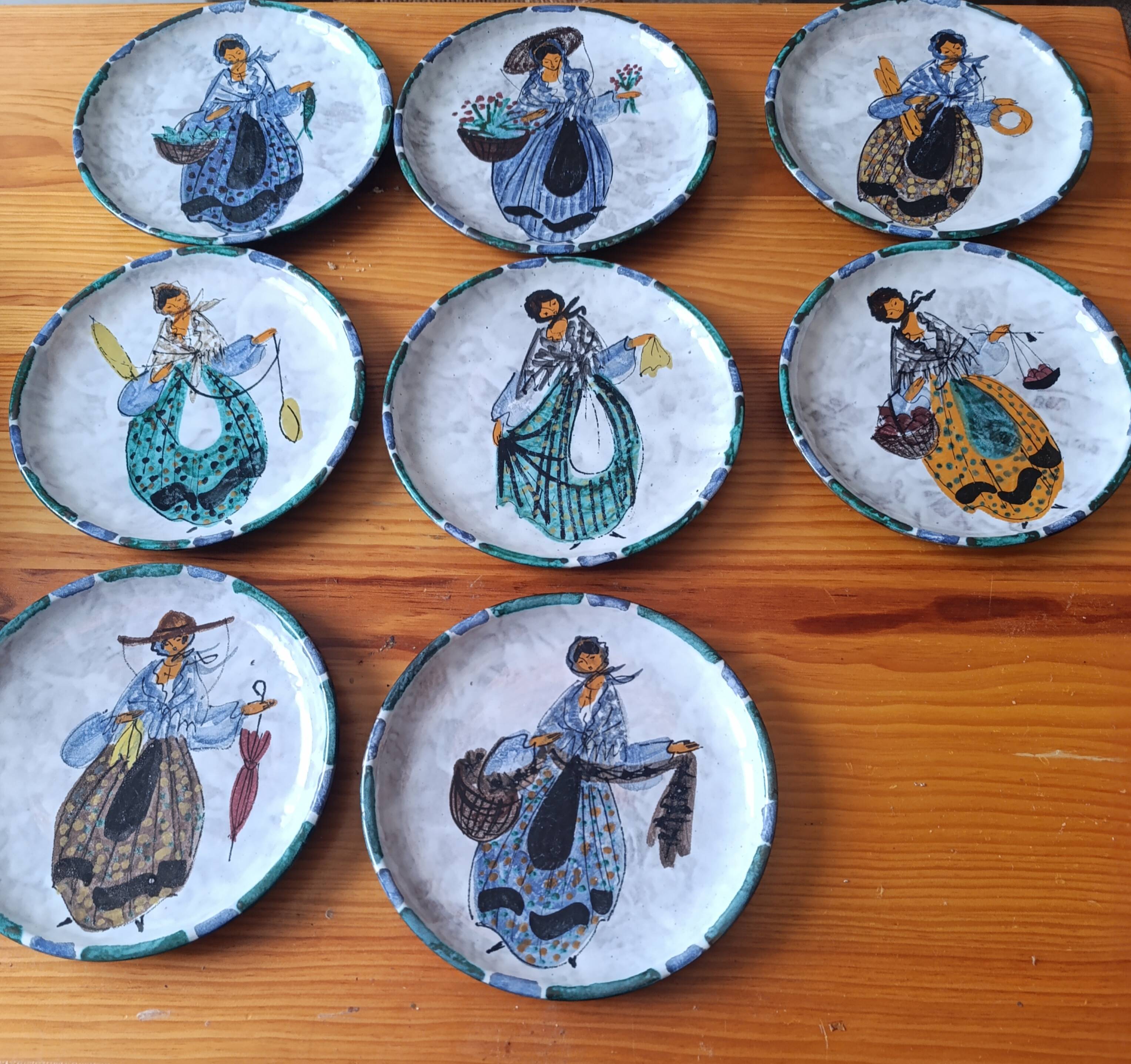 Rare set of 9 vintage plates – Hand-painted ceramic – Black back