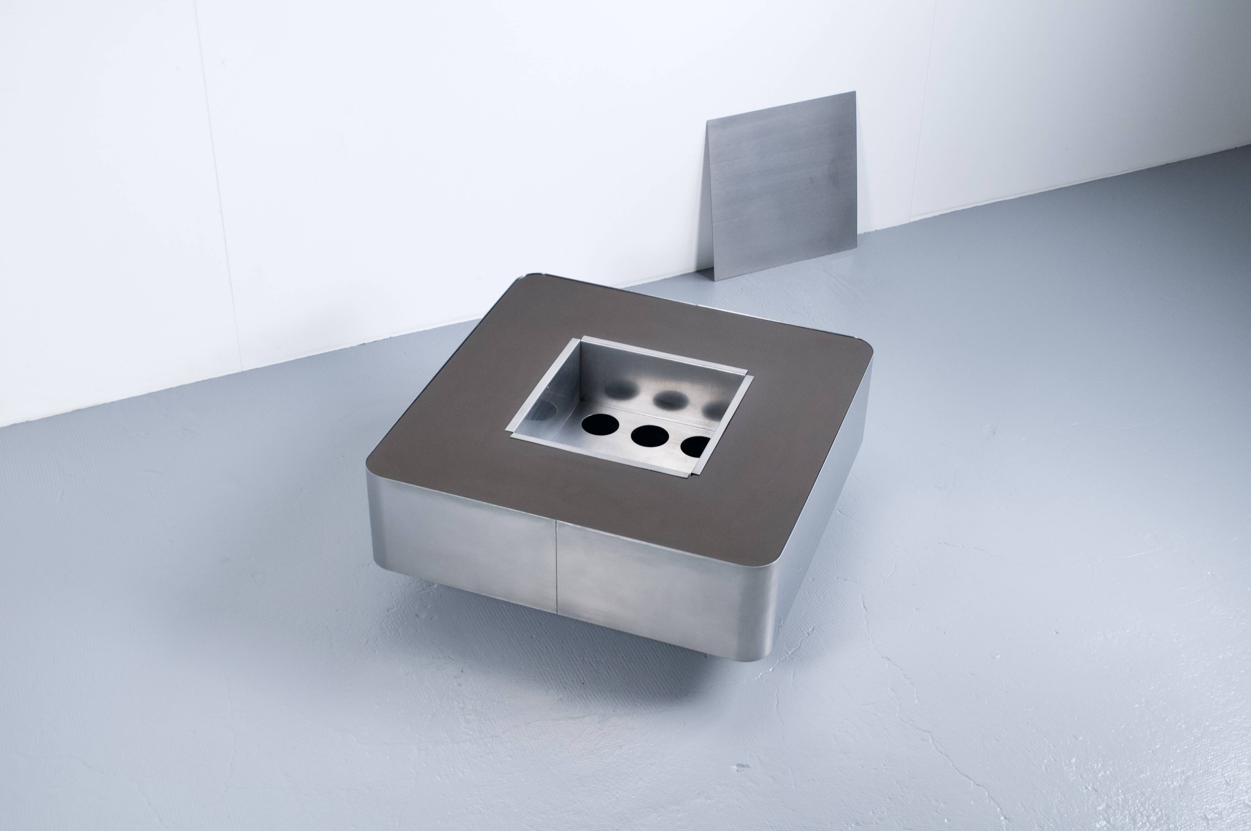 1970s COFFEE TABLE BAR BRUSHED STEEL AND BROWN MELAMINE