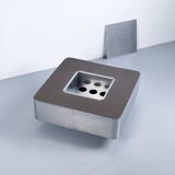 1970s COFFEE TABLE BAR BRUSHED STEEL AND BROWN MELAMINE