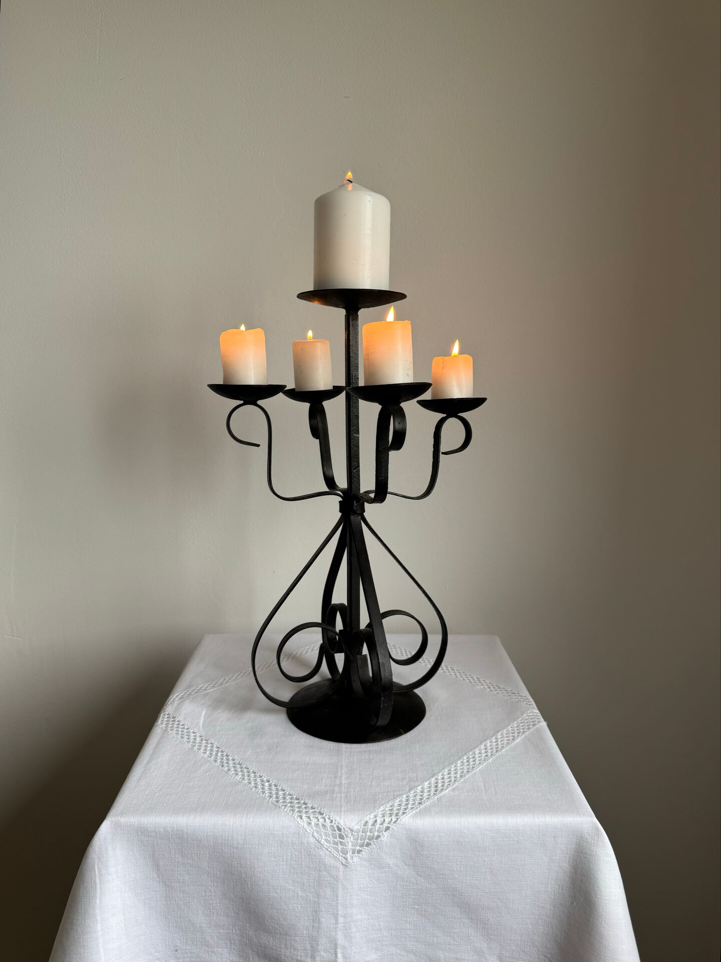 Vintage Brutalist large black wrought iron candelabra