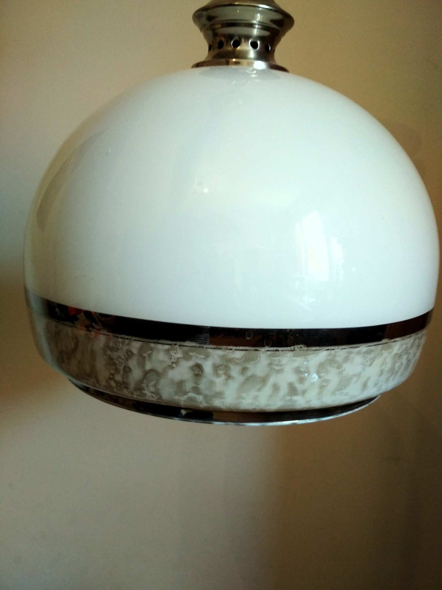 Hanging lamp 1970 globe white and grey glass silver