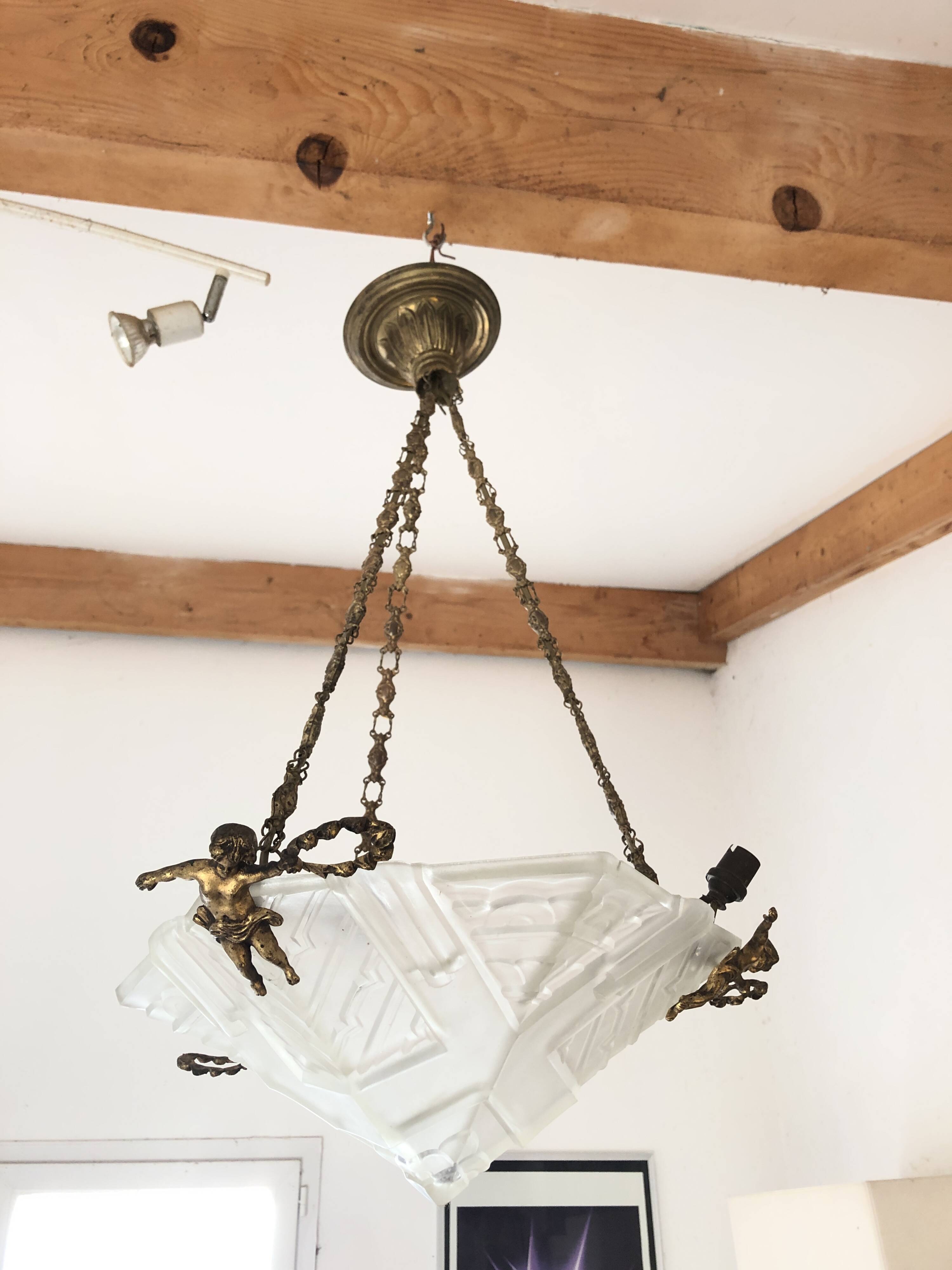 Art Deco Chandelier/Ceiling Light/Cast Glass Pyramid Shape & Angelo Frame