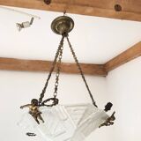 Art Deco Chandelier/Ceiling Light/Cast Glass Pyramid Shape & Angelo Frame