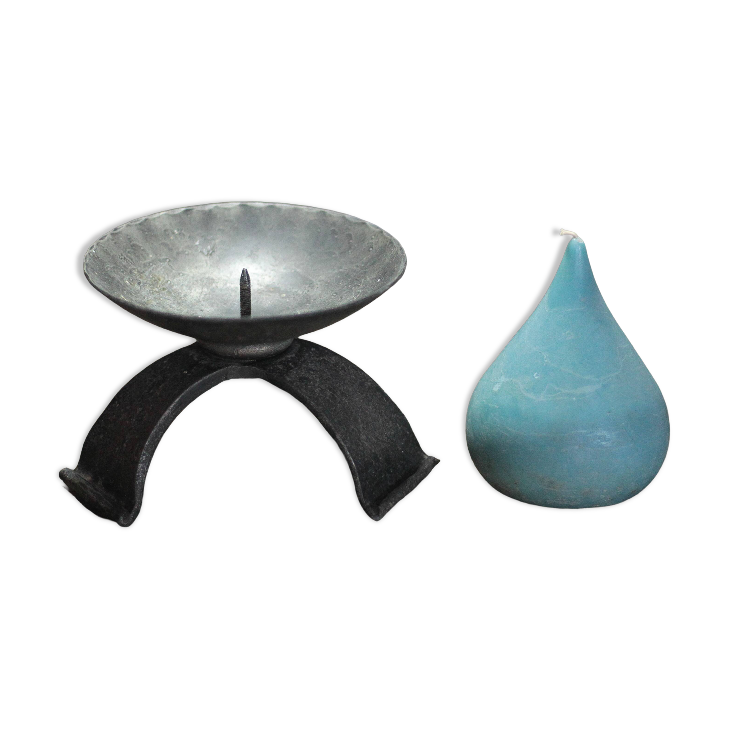 Large hammered wrought iron candlestick tripod, modernist candle holder.