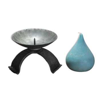 Large hammered wrought iron candlestick tripod, modernist candle holder.