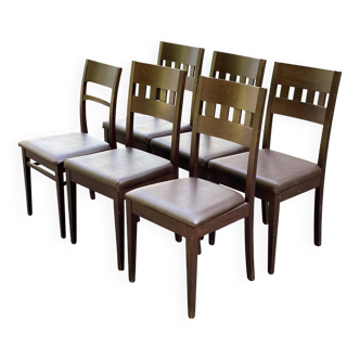 6 vintage Scandinavian chairs in solid wood and brown leather