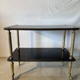Desserte vintage à roulettes, bois noir et montants en laiton