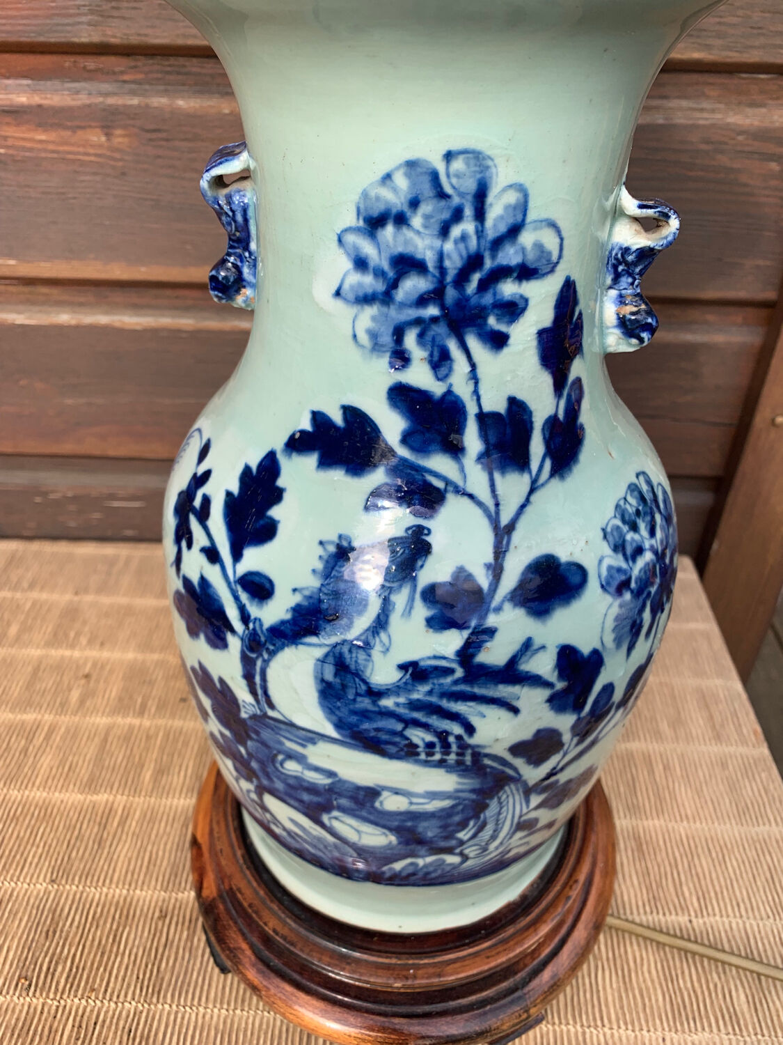 Celadon blue porcelain lamp with vegetal decoration, China, 19th century