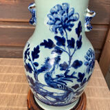 Celadon blue porcelain lamp with plant decoration, China, 19th century