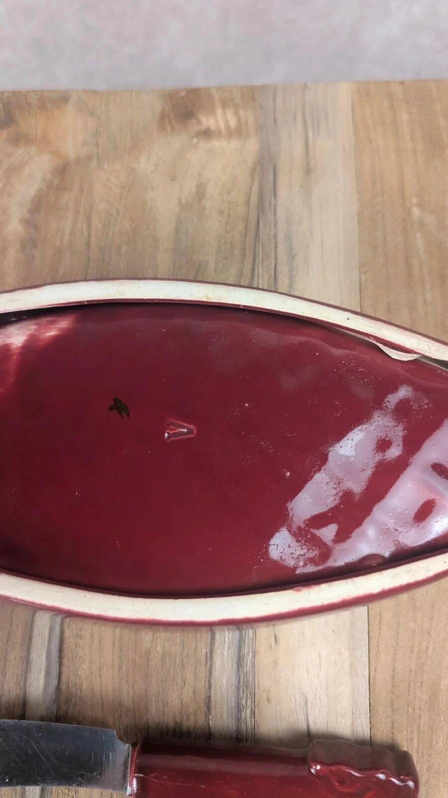 Vintage red ceramic butter dish + matching knife