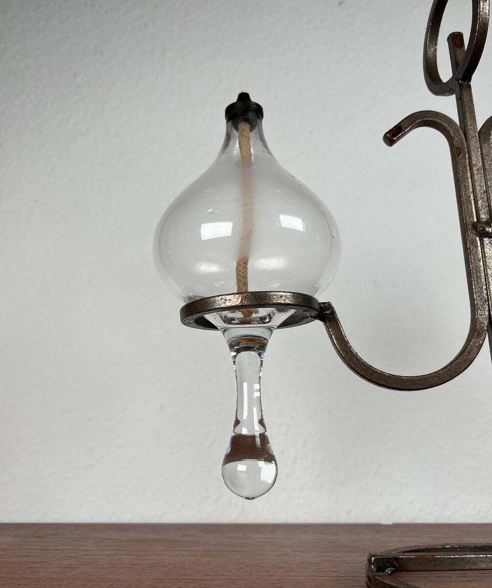 Mid-century Danish wrought iron and glass table oil lamp, 1960s.