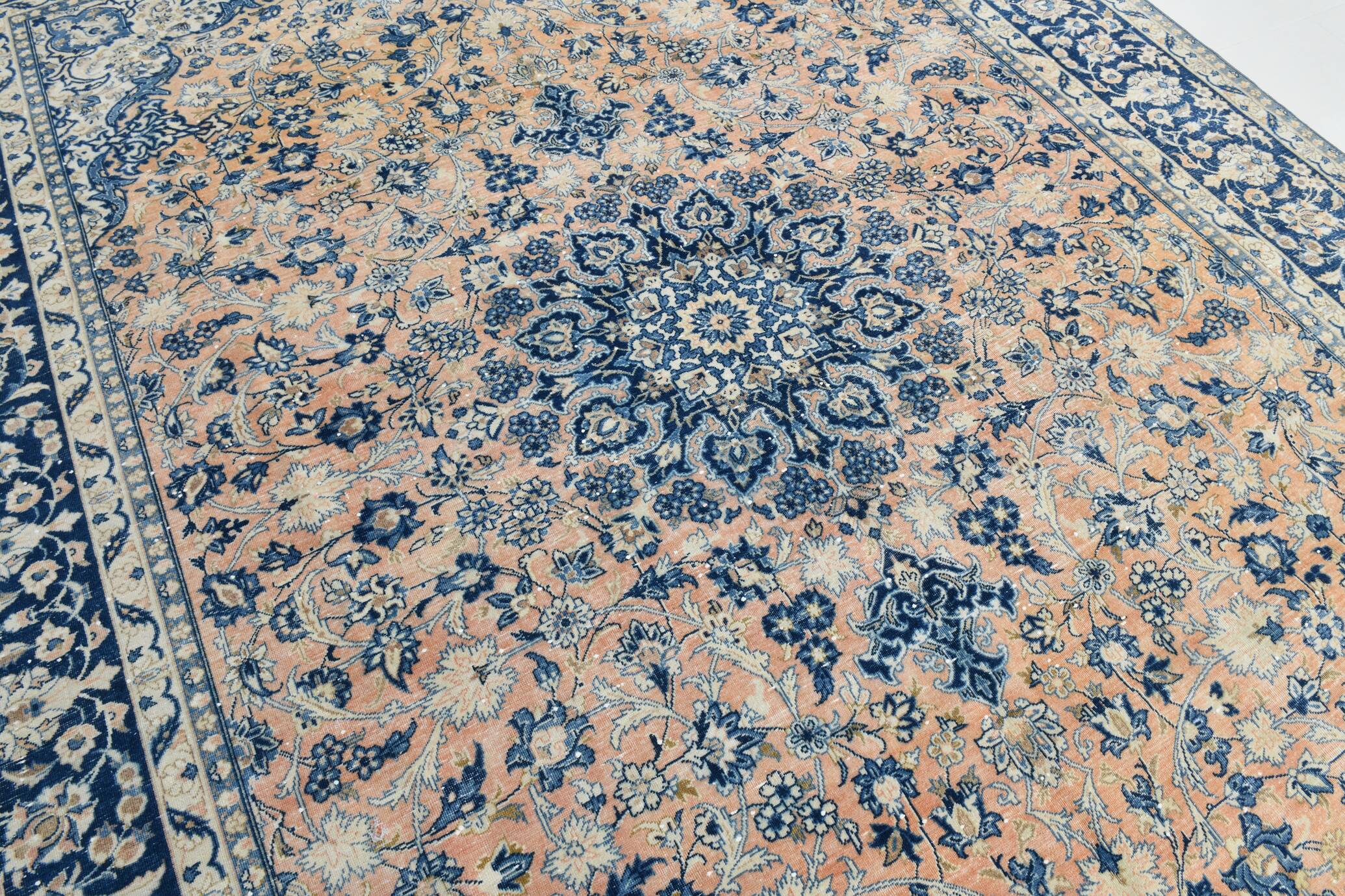 Tapis Persan Vintage Tissé Main, Motif Floral, Laine Beige & Bleu,301x414Cm