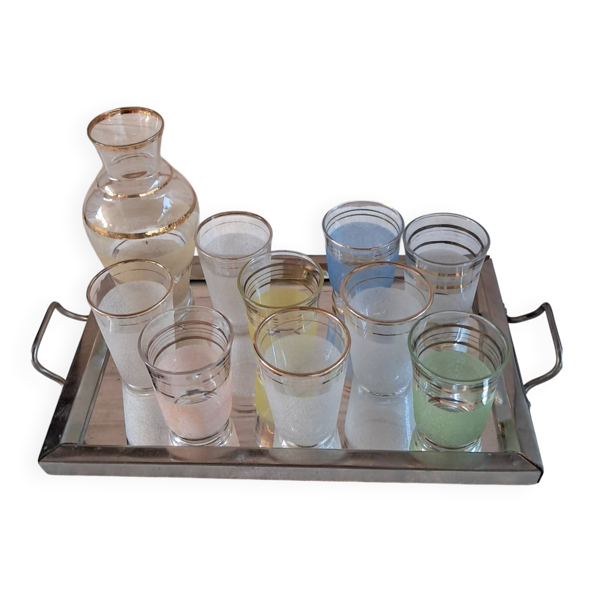 Vintage liqueur service from the 50s/60s — Decanter, 9 pastel glasses & tray