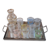Service à liqueur vintage années 50/60 — Carafe, 9 verres pastel & pla